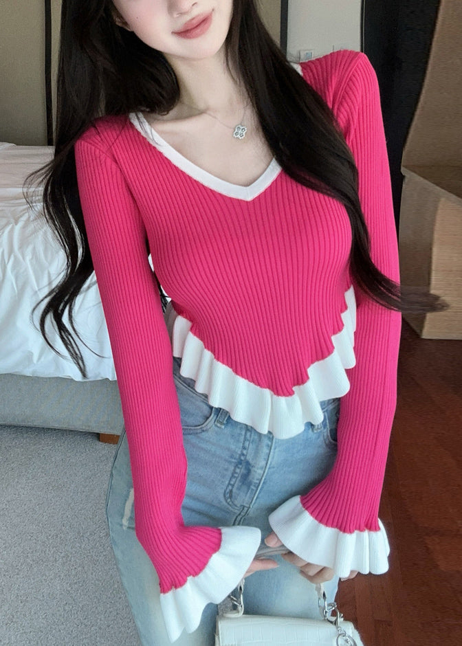 Slim Fit Rose V Neck Patchwork Knit Sweaters Fall