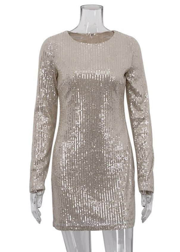 Slim Fit Silver O-Neck Patchwork Sequins Mid Dress Fall