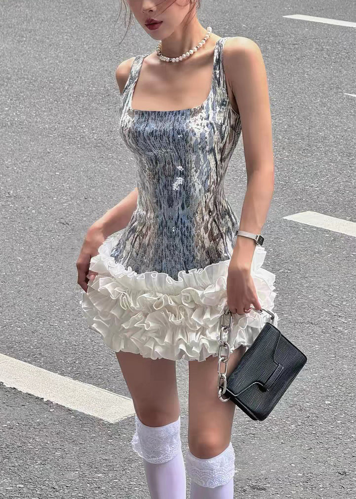 Slim Fit Silver Sequins Ruffled Patchwork Spaghetti Strap Dress Sleeveless