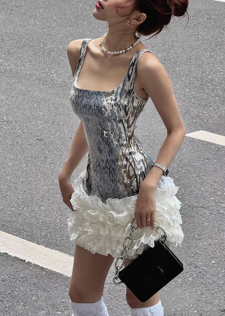 Slim Fit Silver Sequins Ruffled Patchwork Spaghetti Strap Dress Sleeveless