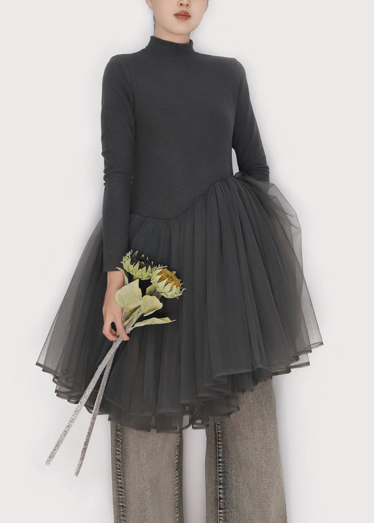 Slim Fit Smoky Gray Asymmetrical Tulle Patchwork Mini Dress Winter