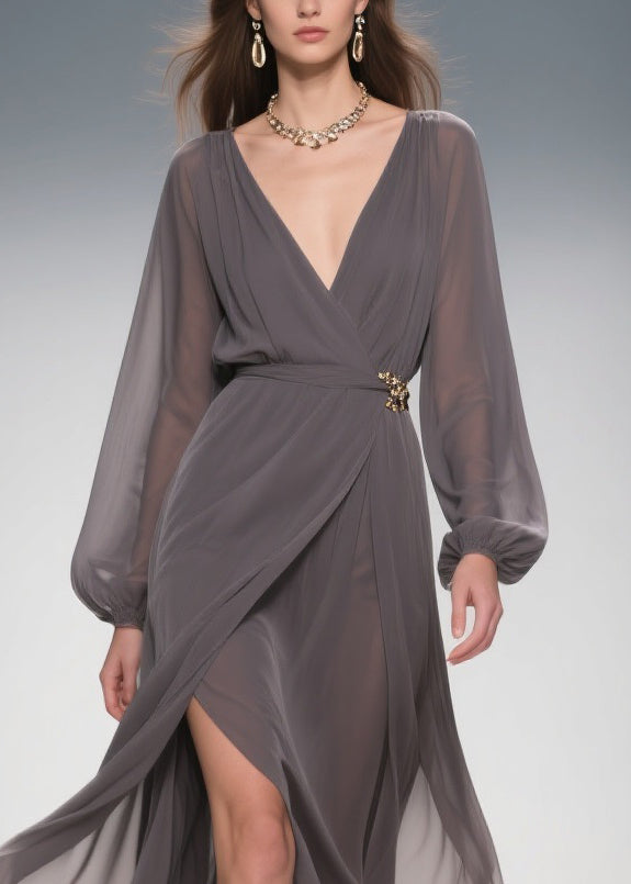 Slim Fit Smoky Gray V Neck Side Open Chiffon Long Dress Spring
