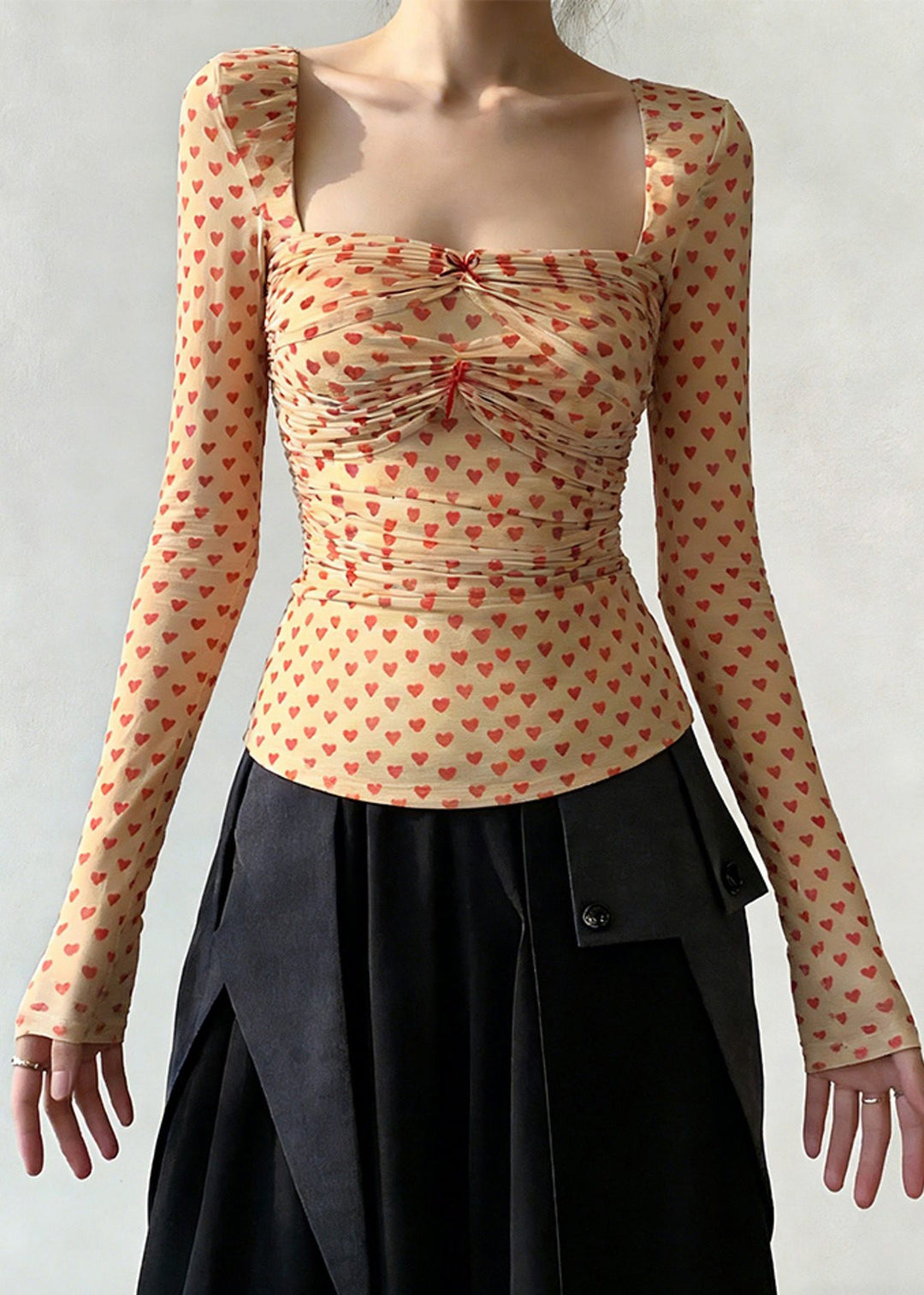 Slim Fit Square Collar Loving Heart Wrinkled Tulle T Shirts Spring