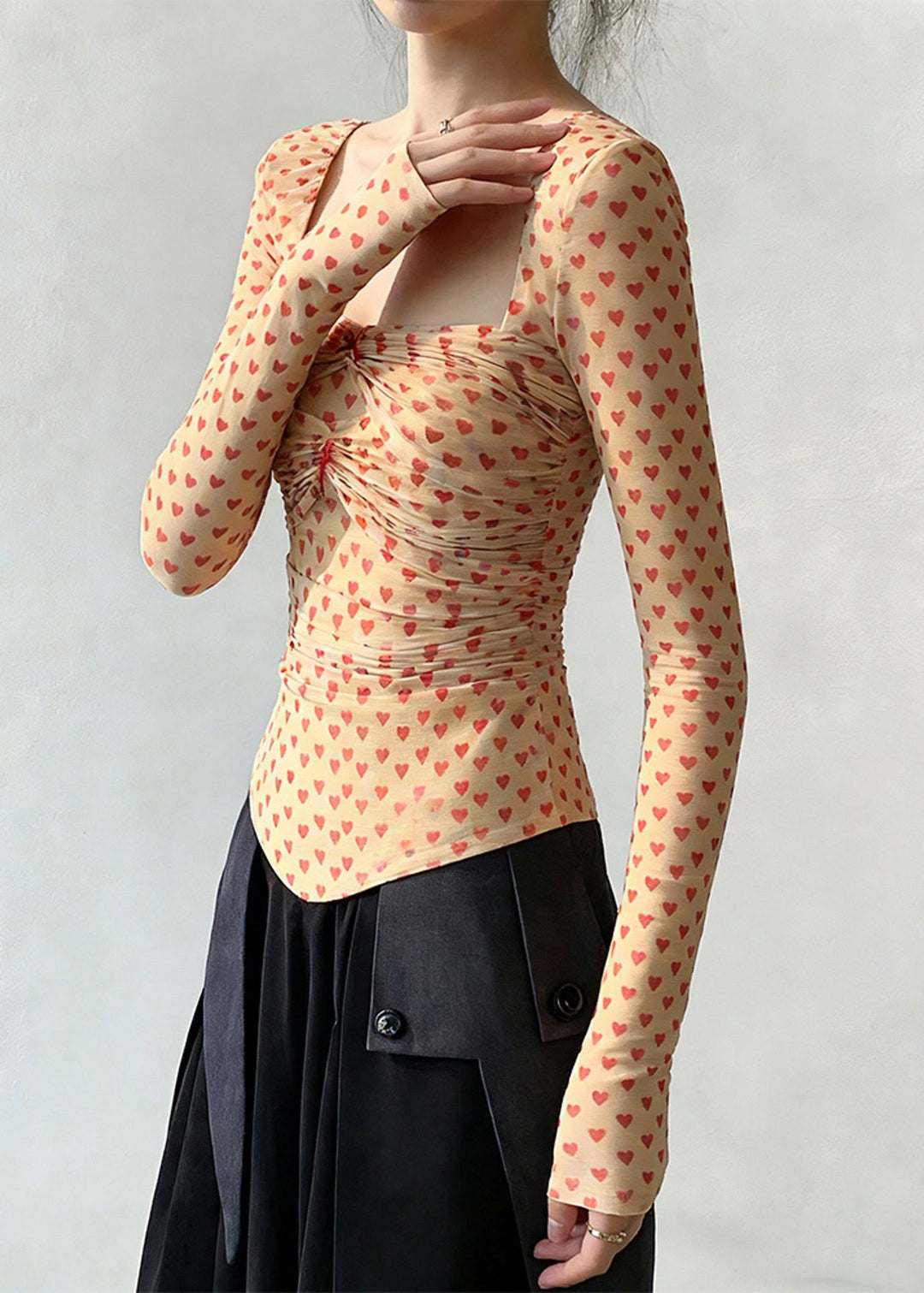 Slim Fit Square Collar Loving Heart Wrinkled Tulle T Shirts Spring