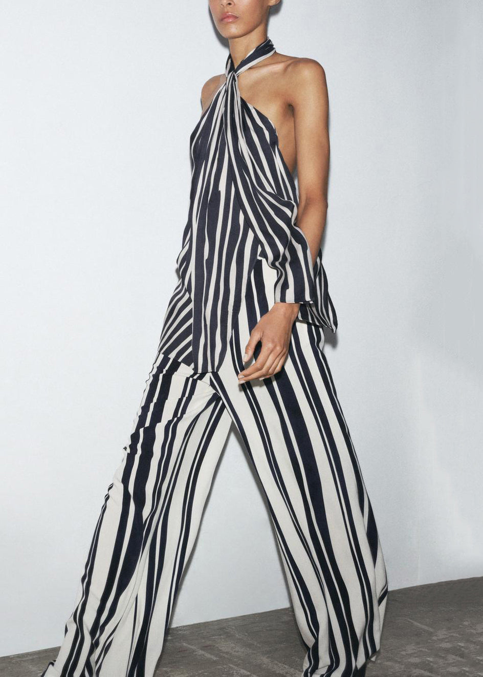 Slim Fit Striped Backless Tank And Pants Cotton Two Pieces Set Sleeveless