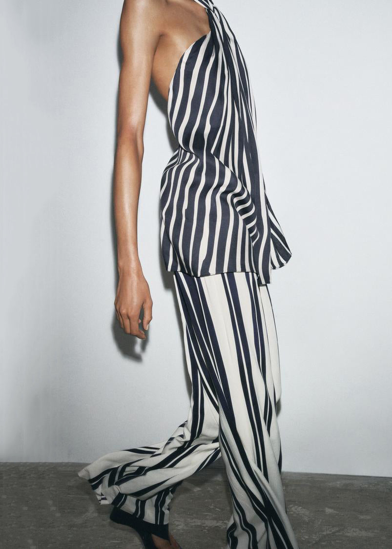 Slim Fit Striped Backless Tank And Pants Cotton Two Pieces Set Sleeveless