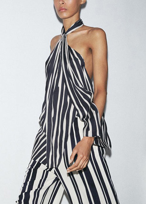 Slim Fit Striped Backless Tank And Pants Cotton Two Pieces Set Sleeveless