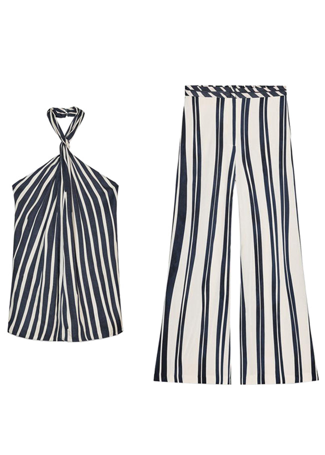 Slim Fit Striped Backless Tank And Pants Cotton Two Pieces Set Sleeveless