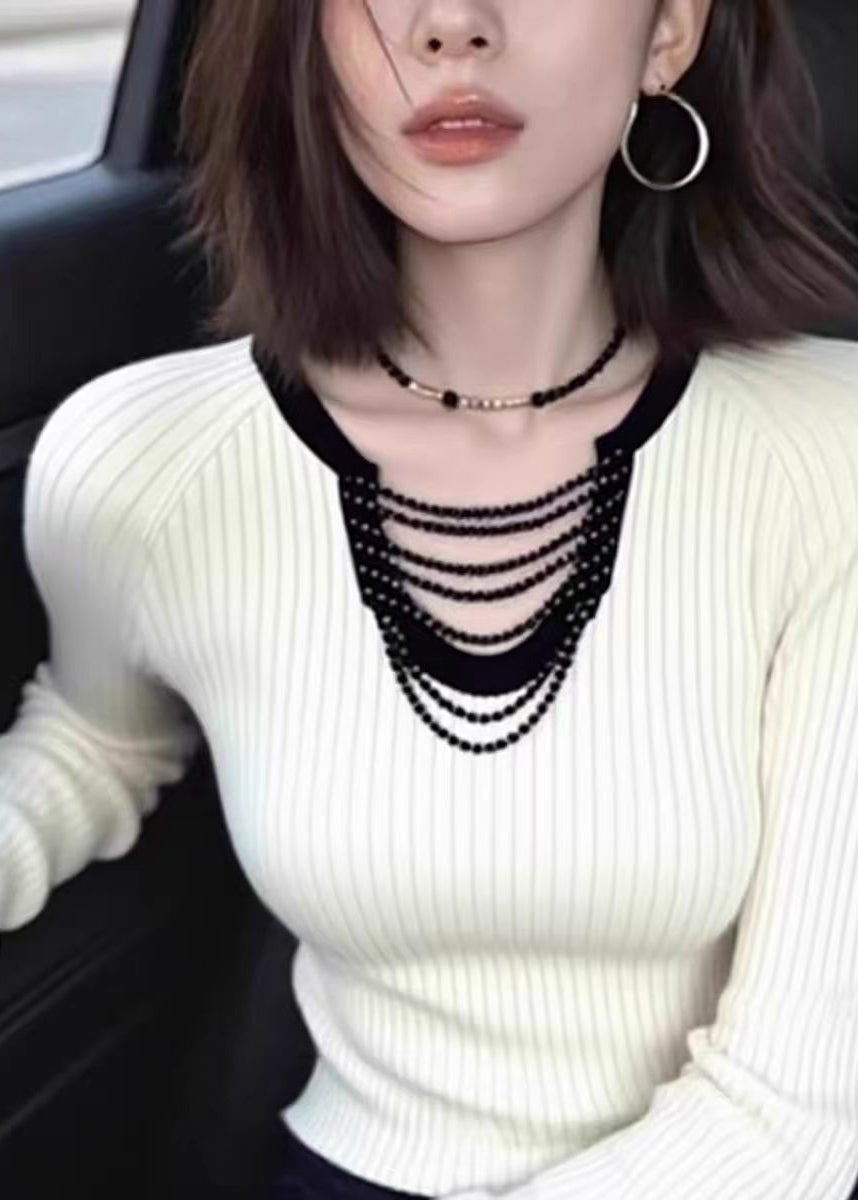 Slim Fit White Beading Hollow Out Knit Top Spring