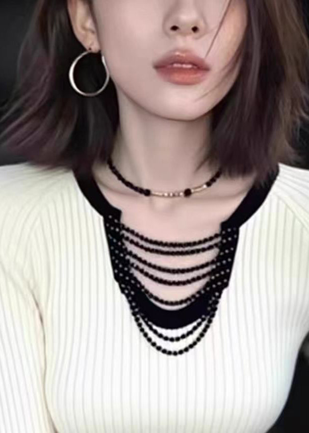 Slim Fit White Beading Hollow Out Knit Top Spring