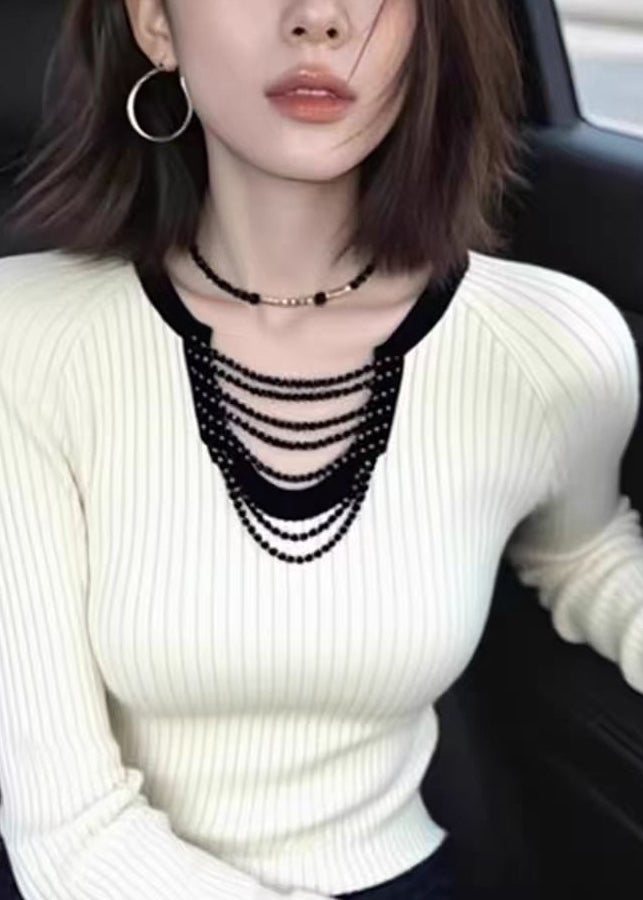 Slim Fit White Beading Hollow Out Knit Top Spring