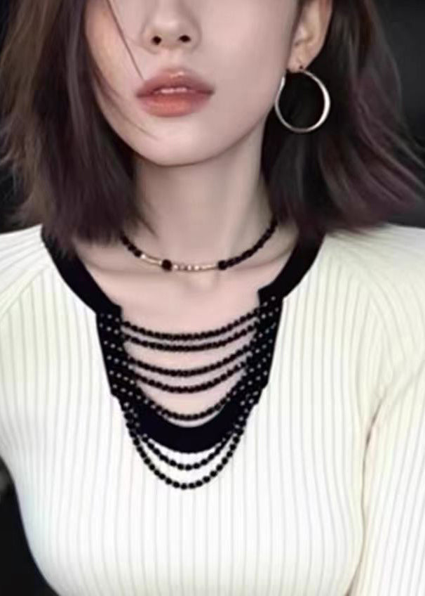 Slim Fit White Beading Hollow Out Knit Top Spring