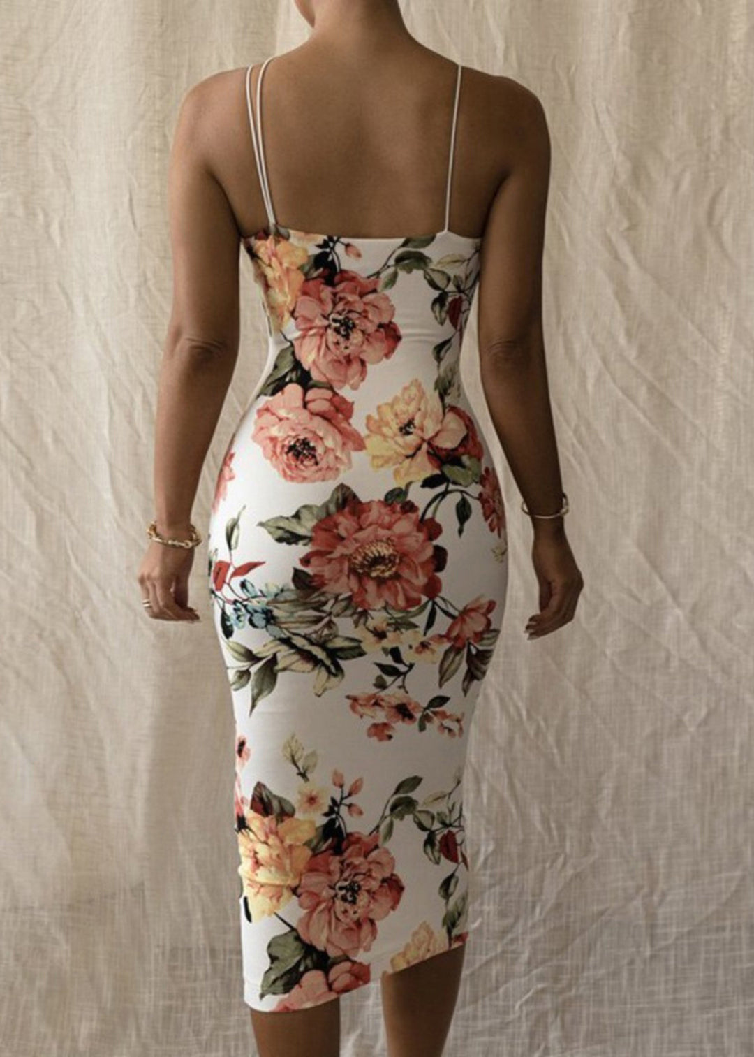 Slim Fit White Cold Shoulder Print Cotton Spaghetti Strap Dress Sleeveless