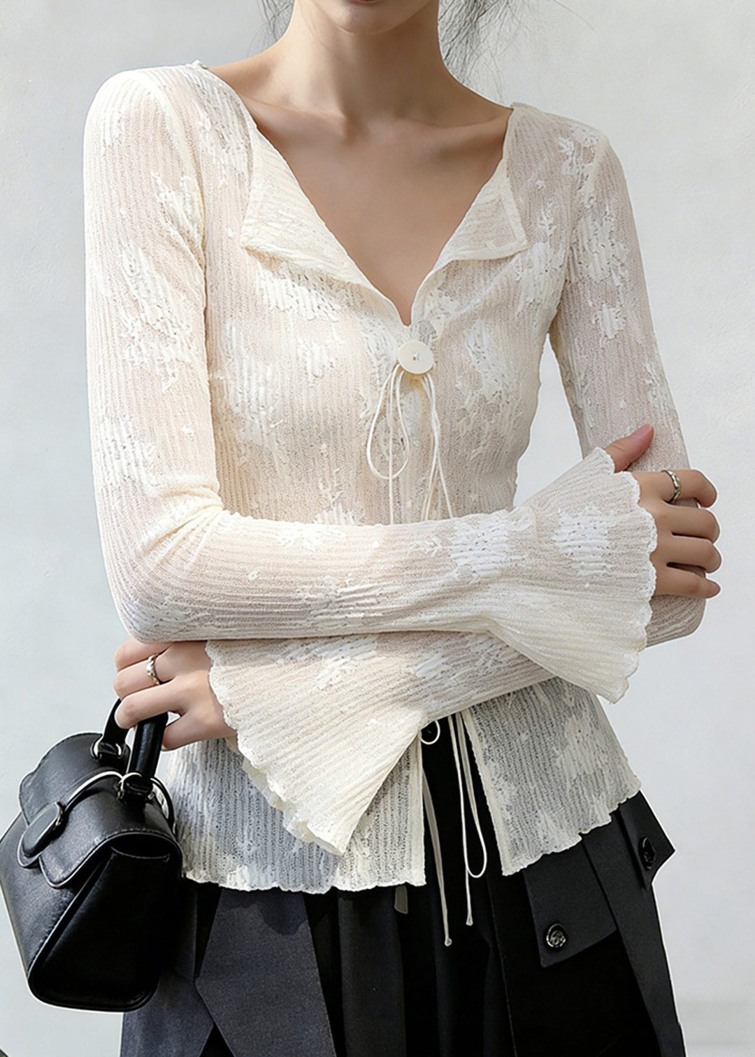 Slim Fit White Embroidered Lace Up Thin Shirts Flare Sleeve
