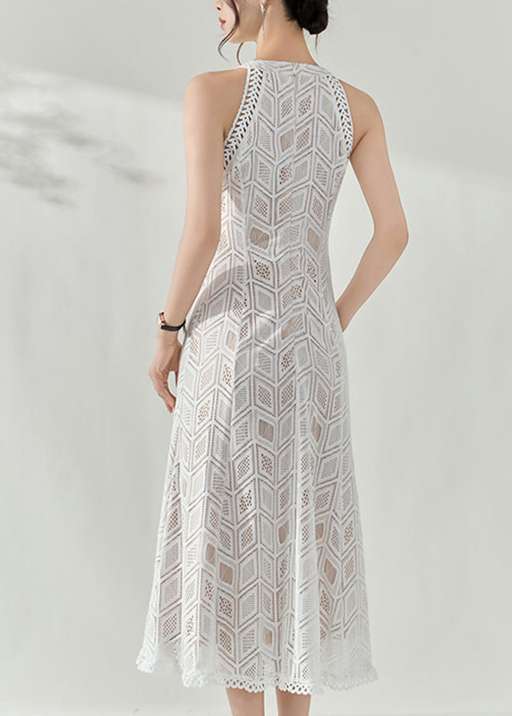 Slim Fit White Halter Hollow Out Lace Long Dresses Summer