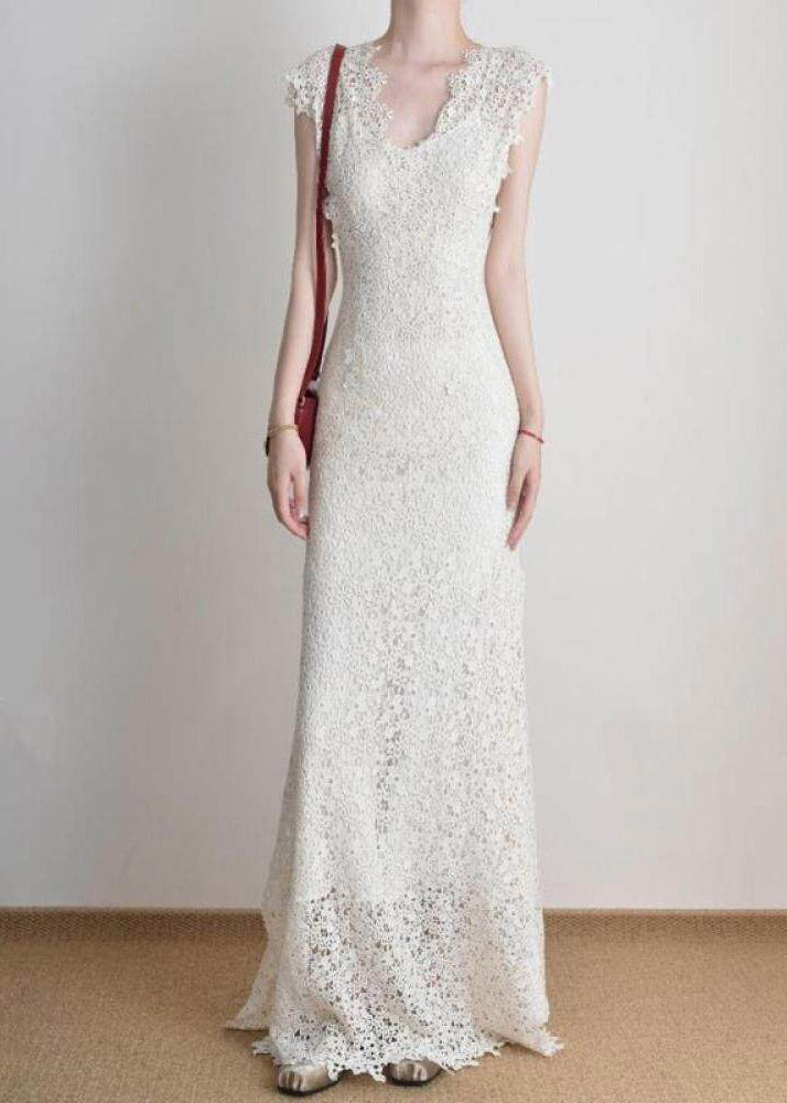 Slim Fit White Holiday Lace Long Dress O-Neck Short Sleeve