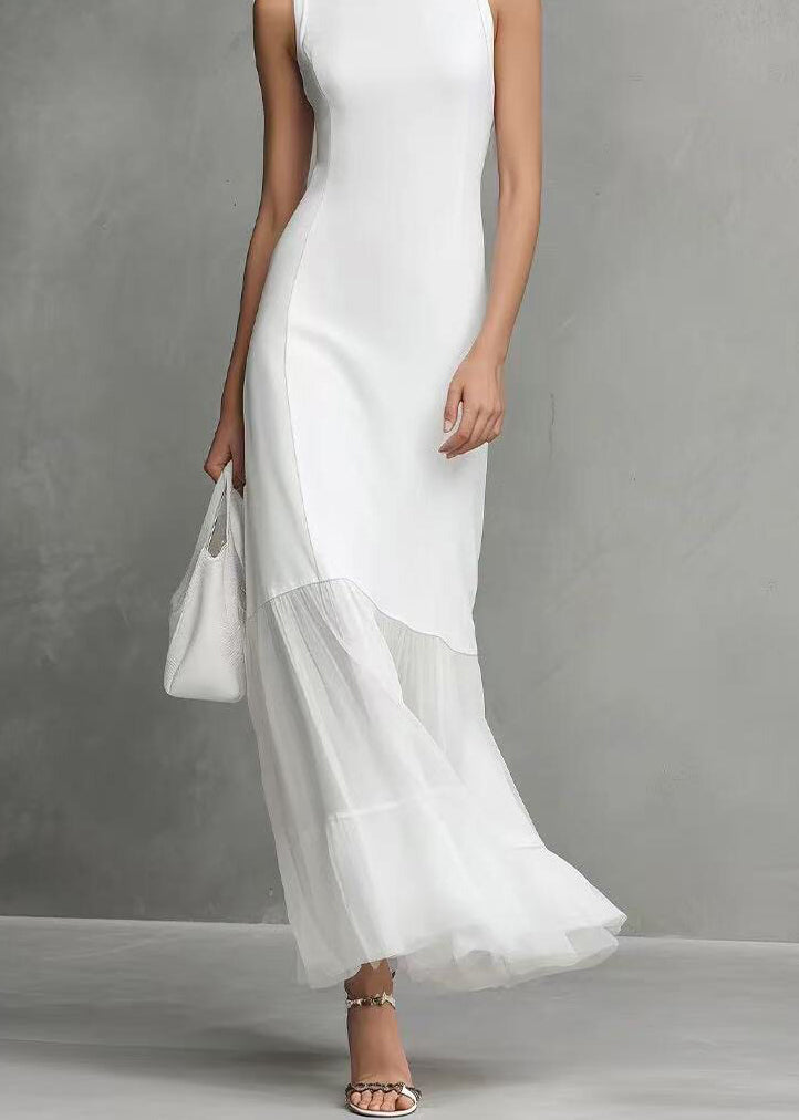 Slim Fit White O-Neck Patchwork Tulle Maxi Dress Sleeveless