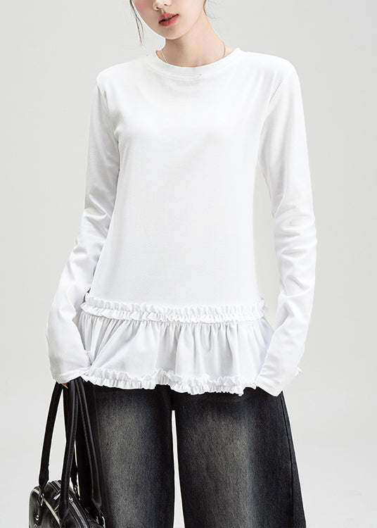 Slim Fit White O Neck Ruffled Cotton T Shirt Fall