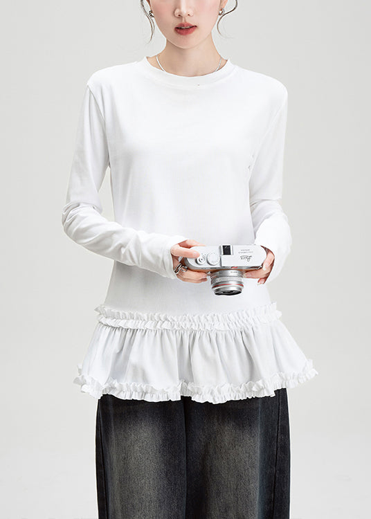 Slim Fit White O Neck Ruffled Cotton T Shirt Fall