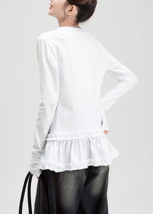 Slim Fit White O Neck Ruffled Cotton T Shirt Fall
