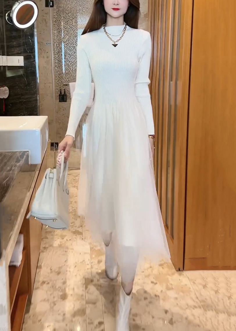 Slim Fit White O Neck Tulle Patchwork Knit Long Knit Dress