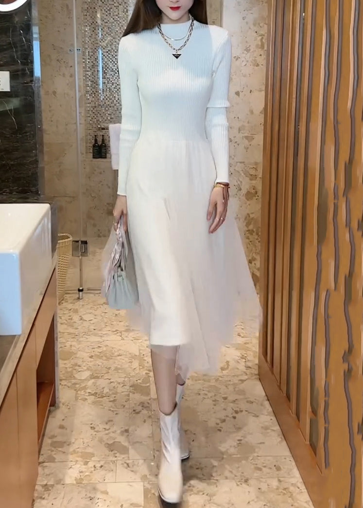 Slim Fit White O Neck Tulle Patchwork Knit Long Knit Dress