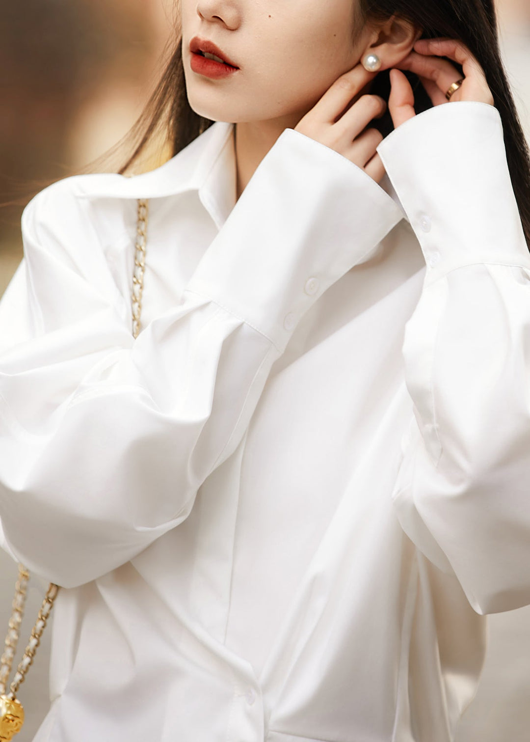 Slim Fit White Peter Pan Collar Button Cotton Shirt Fall