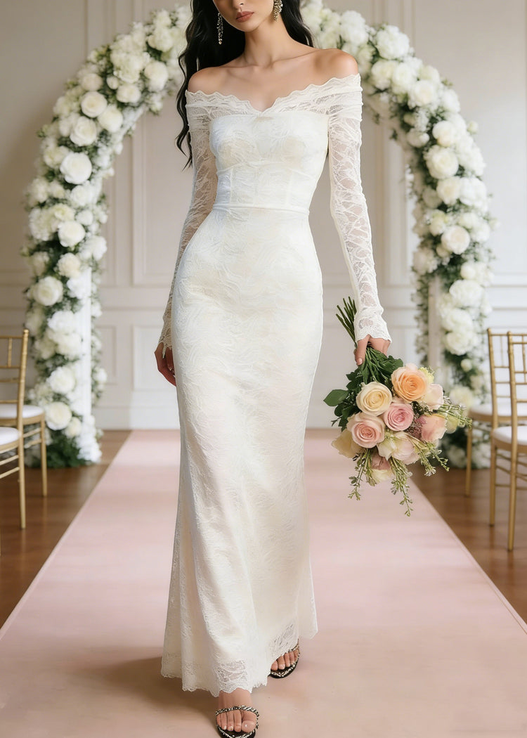 Slim Fit White Slash Neck High Waist Solid Long Dresses Spring - Omychic