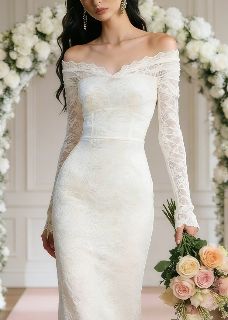 Slim Fit White Slash Neck High Waist Solid Long Dresses Spring - Omychic
