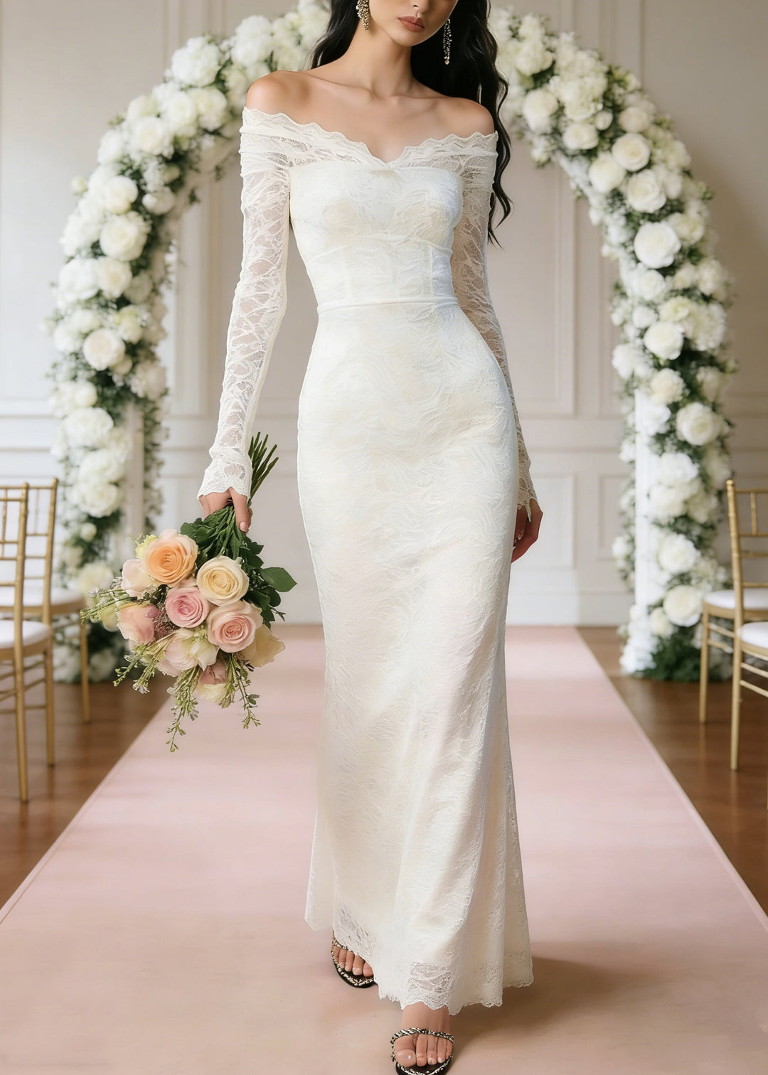 Slim Fit White Slash Neck High Waist Solid Long Dresses Spring - Omychic