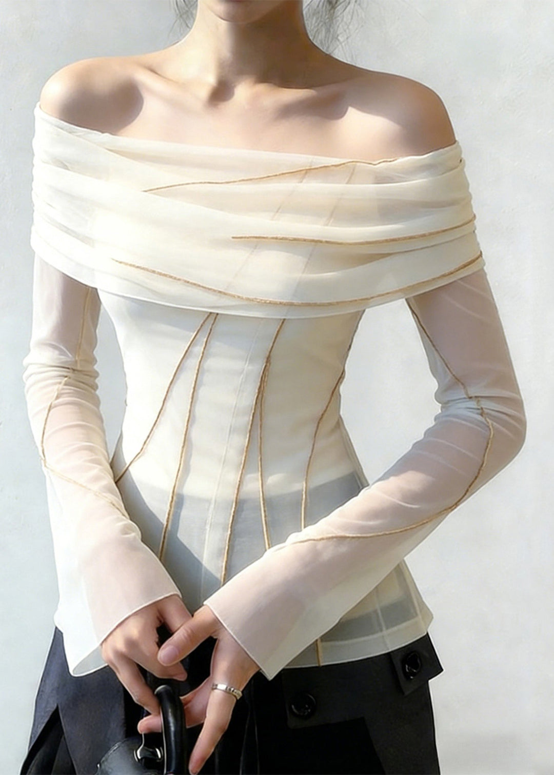 Slim Fit White Slash Neck Patchwork Tulle Blouses Spring