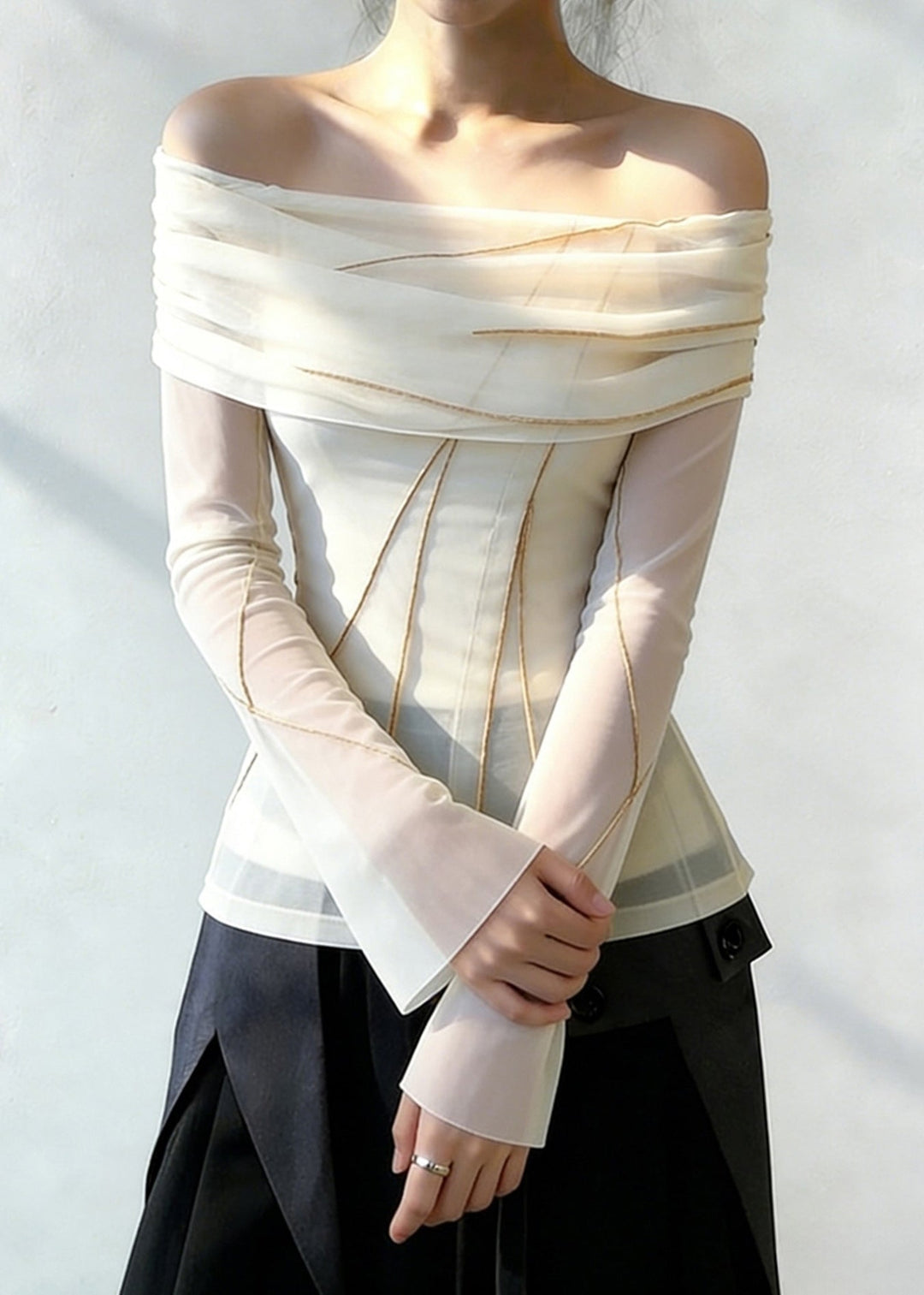 Slim Fit White Slash Neck Patchwork Tulle Blouses Spring