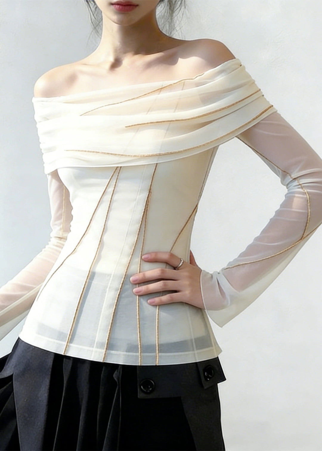 Slim Fit White Slash Neck Patchwork Tulle Blouses Spring