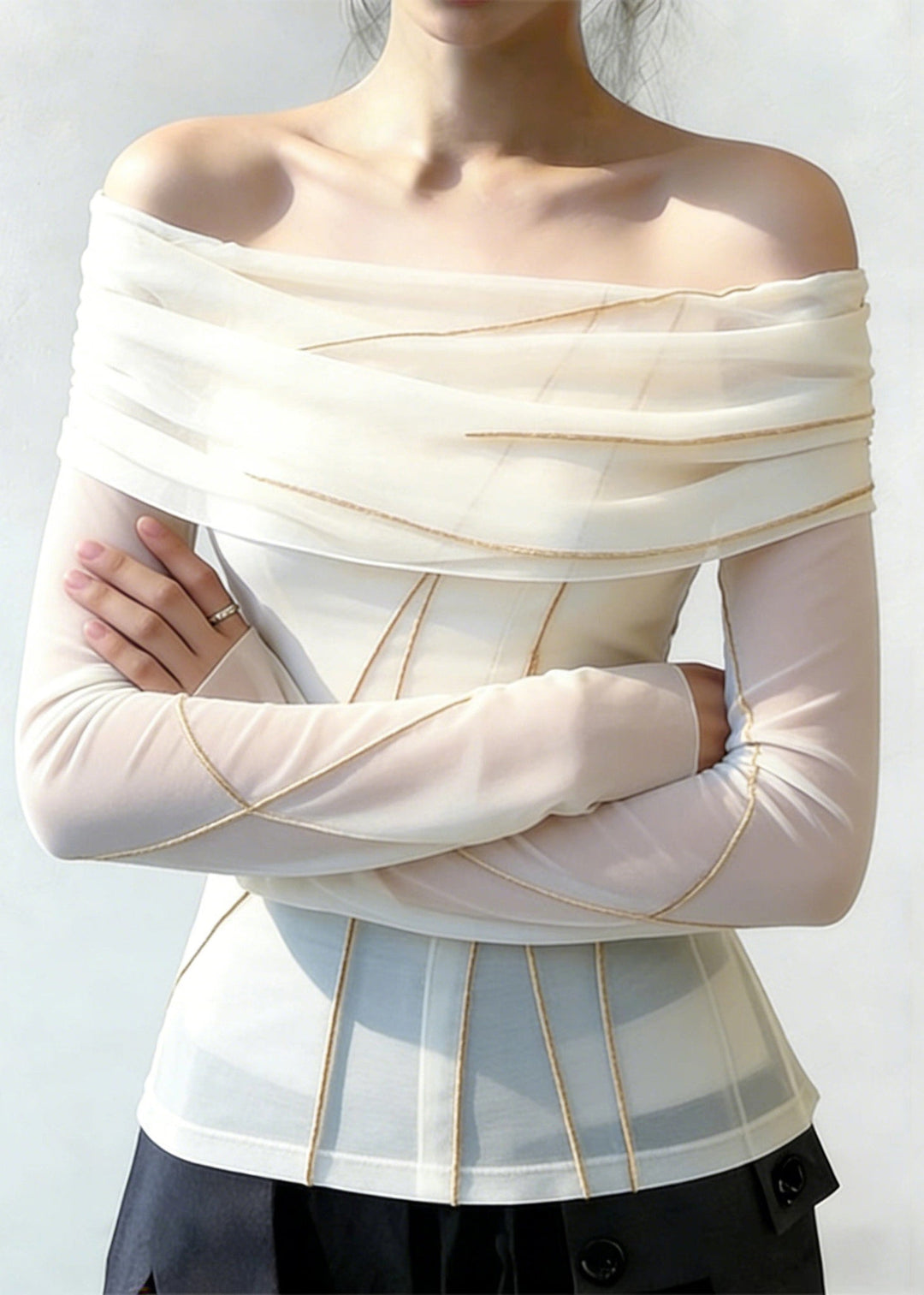 Slim Fit White Slash Neck Patchwork Tulle Blouses Spring