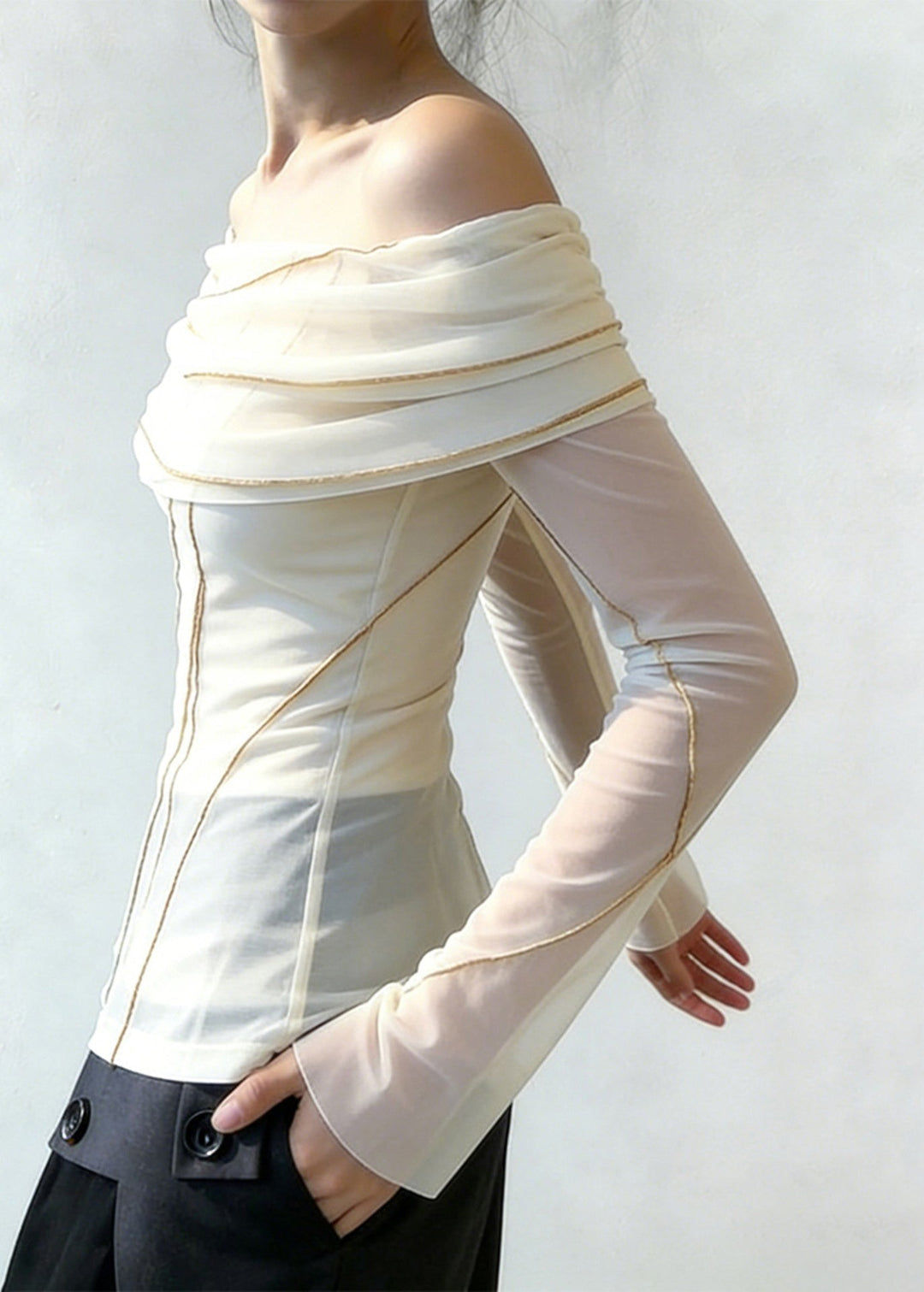 Slim Fit White Slash Neck Patchwork Tulle Blouses Spring