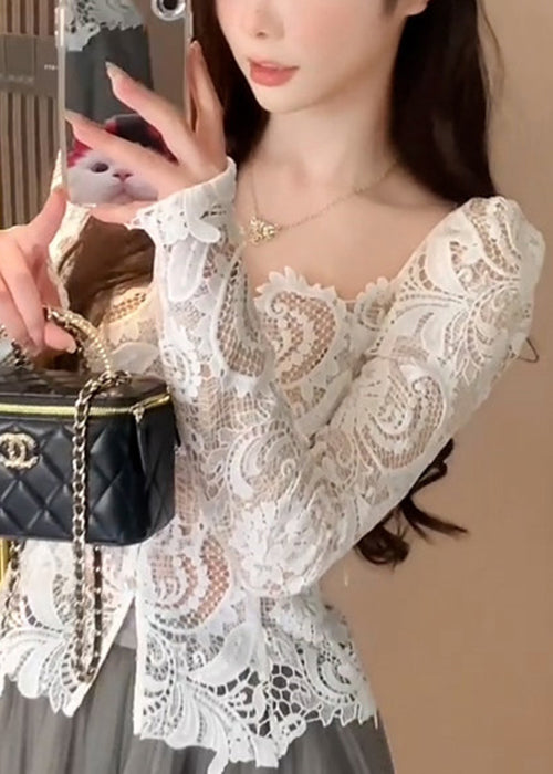 Slim Fit White Square Collar Hollow Out Lace Shirt Fall