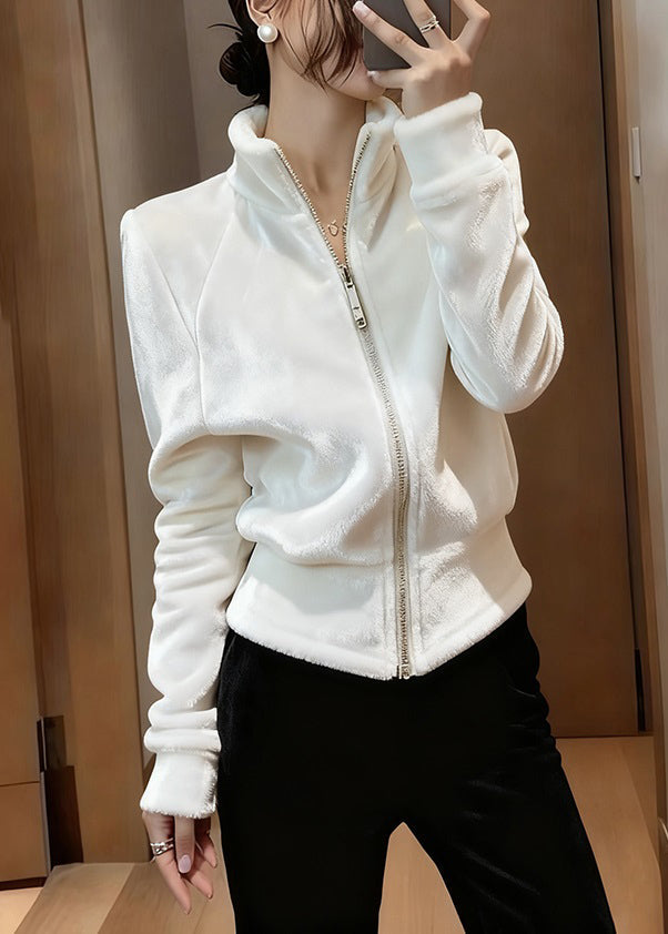 Slim Fit White Stand Collar Zip Up Solid Silk Velvet Coats Spring