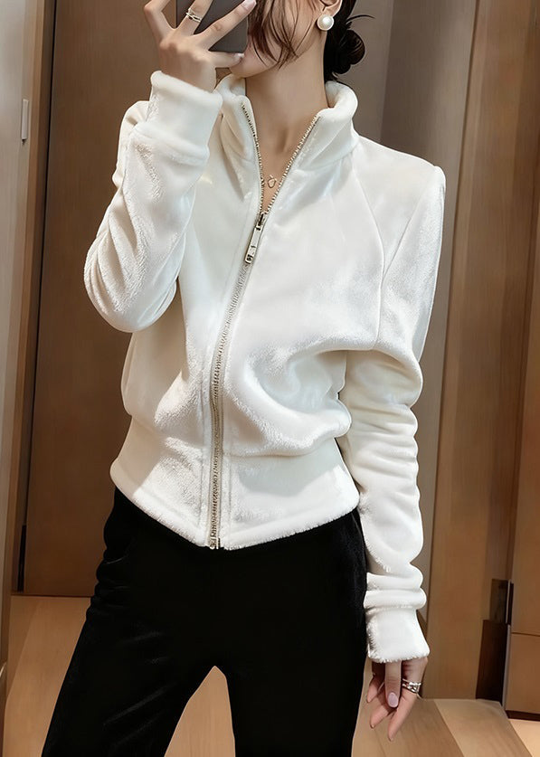 Slim Fit White Stand Collar Zip Up Solid Silk Velvet Coats Spring