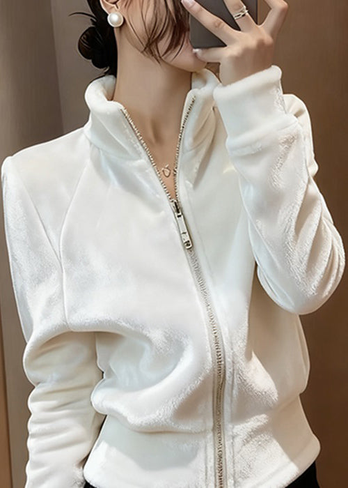 Slim Fit White Stand Collar Zip Up Solid Silk Velvet Coats Spring