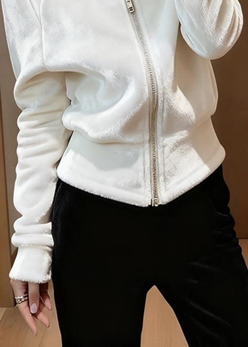 Slim Fit White Stand Collar Zip Up Solid Silk Velvet Coats Spring