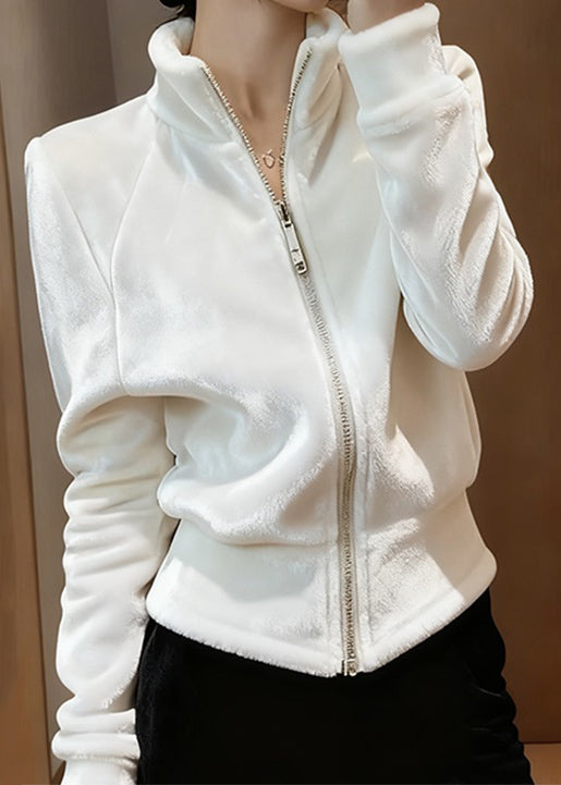 Slim Fit White Stand Collar Zip Up Solid Silk Velvet Coats Spring