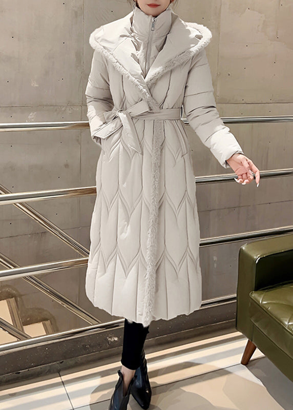 Slim Fit White Stand Collar Zippered Long Parka Winter