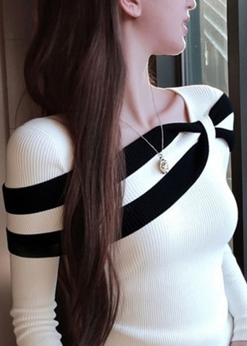 Slim Fit White Striped Patchwork Knit Sweaters Spring