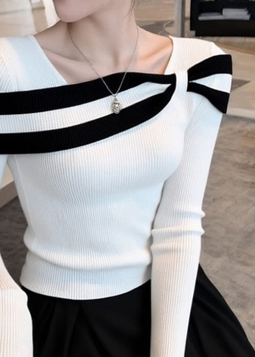 Slim Fit White Striped Patchwork Knit Sweaters Fall