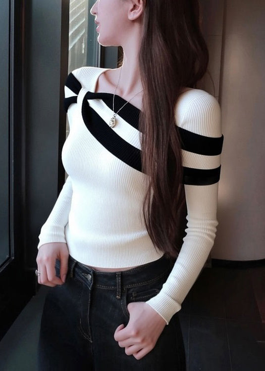 Slim Fit White Striped Patchwork Knit Sweaters Fall
