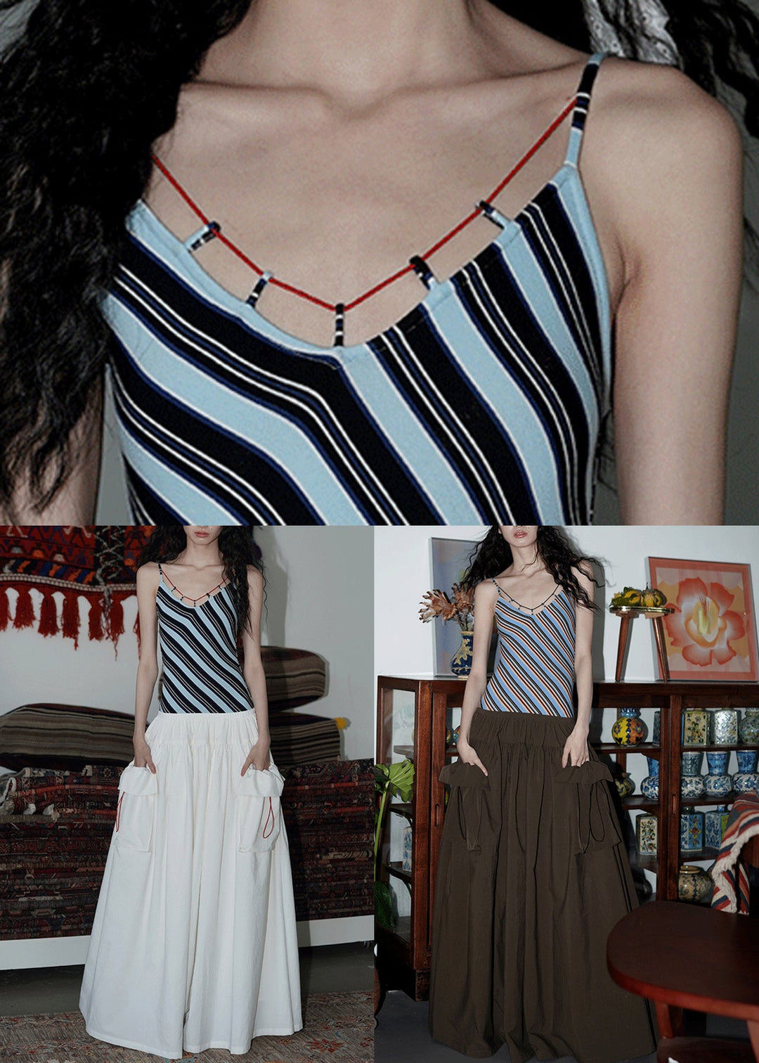 Slim Fit White Striped Pockets Patchwork Cotton Spaghetti Strap Dress Sleeveless