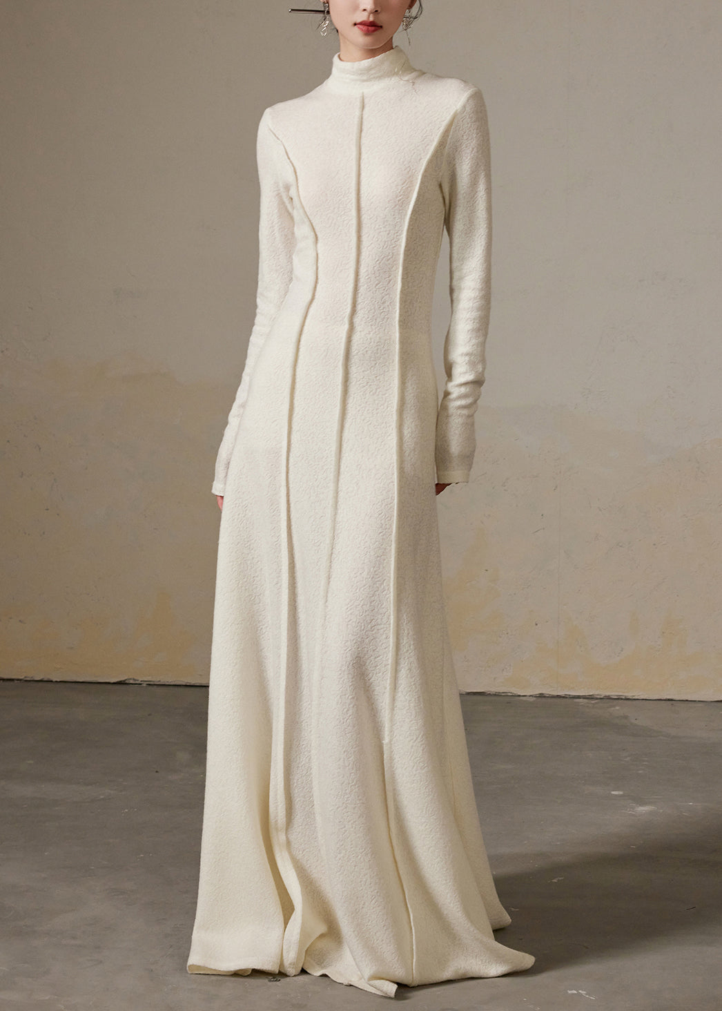 Slim Fit White Turtleneck High Waist Cotton Long Dress Winter