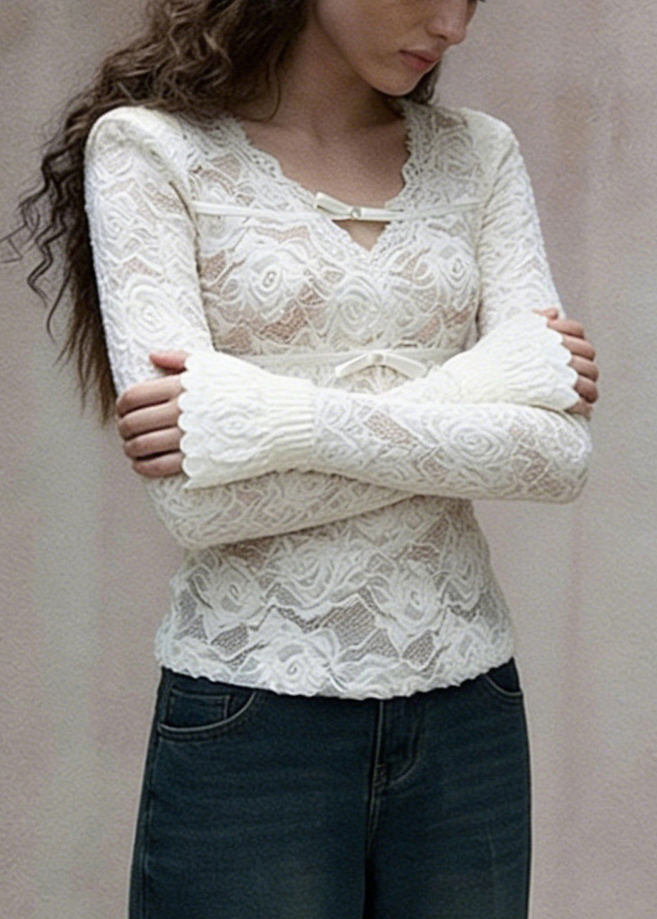 Slim Fit White V Neck Bow Lace T Shirt Spring