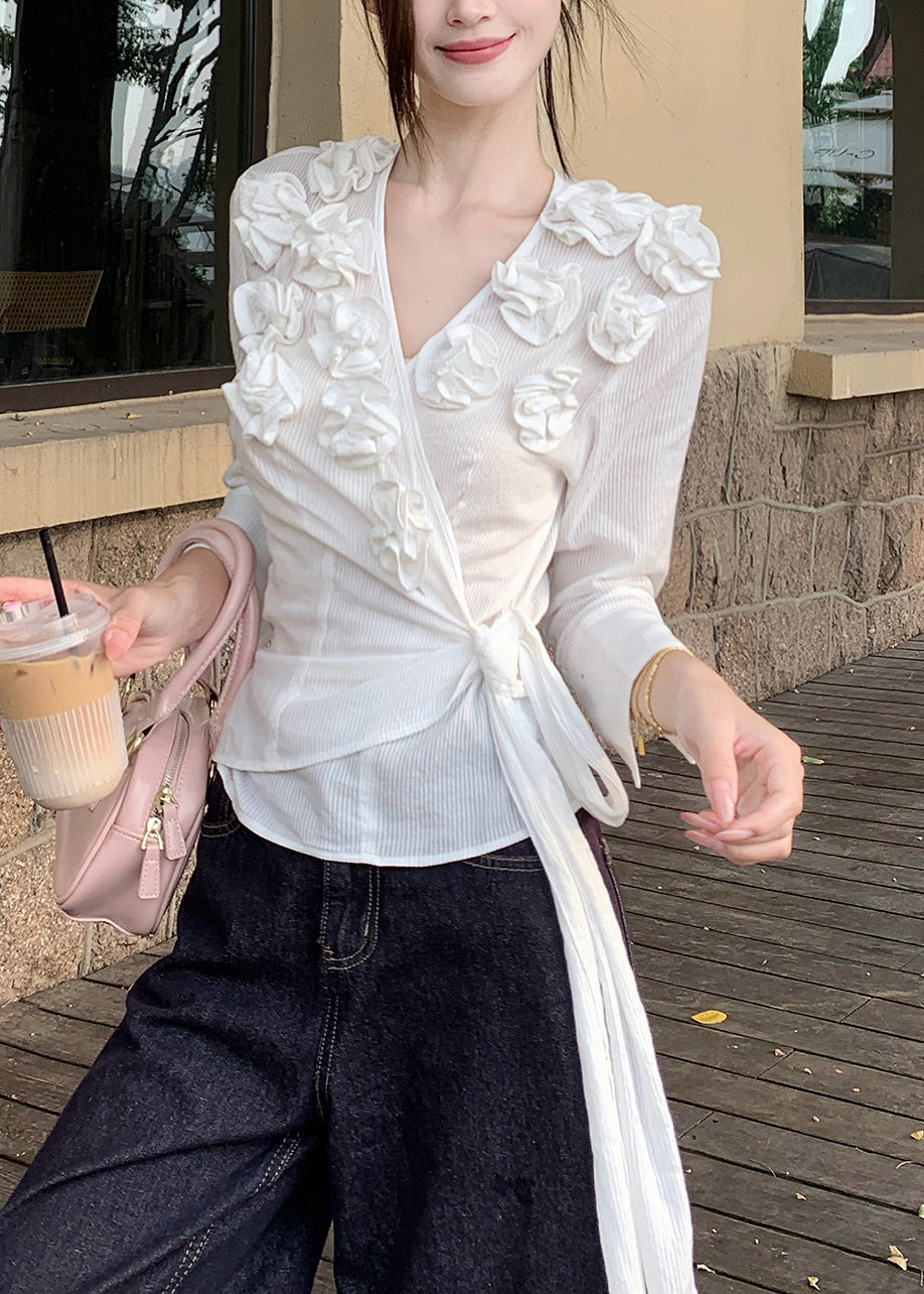 Slim Fit White V Neck Floral lace Up Cotton T Shirt Fall