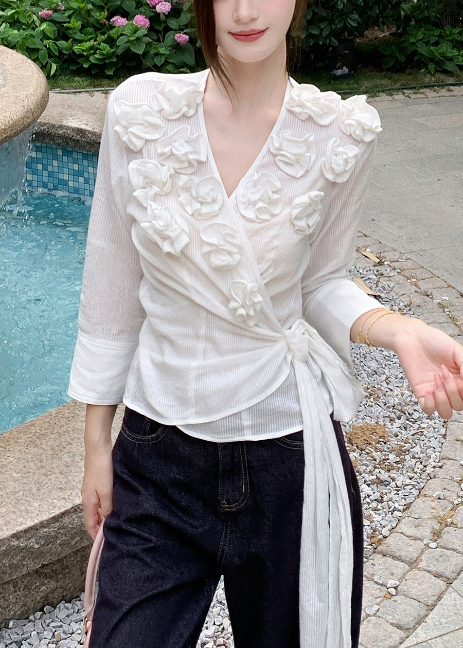 Slim Fit White V Neck Floral lace Up Cotton T Shirt Fall